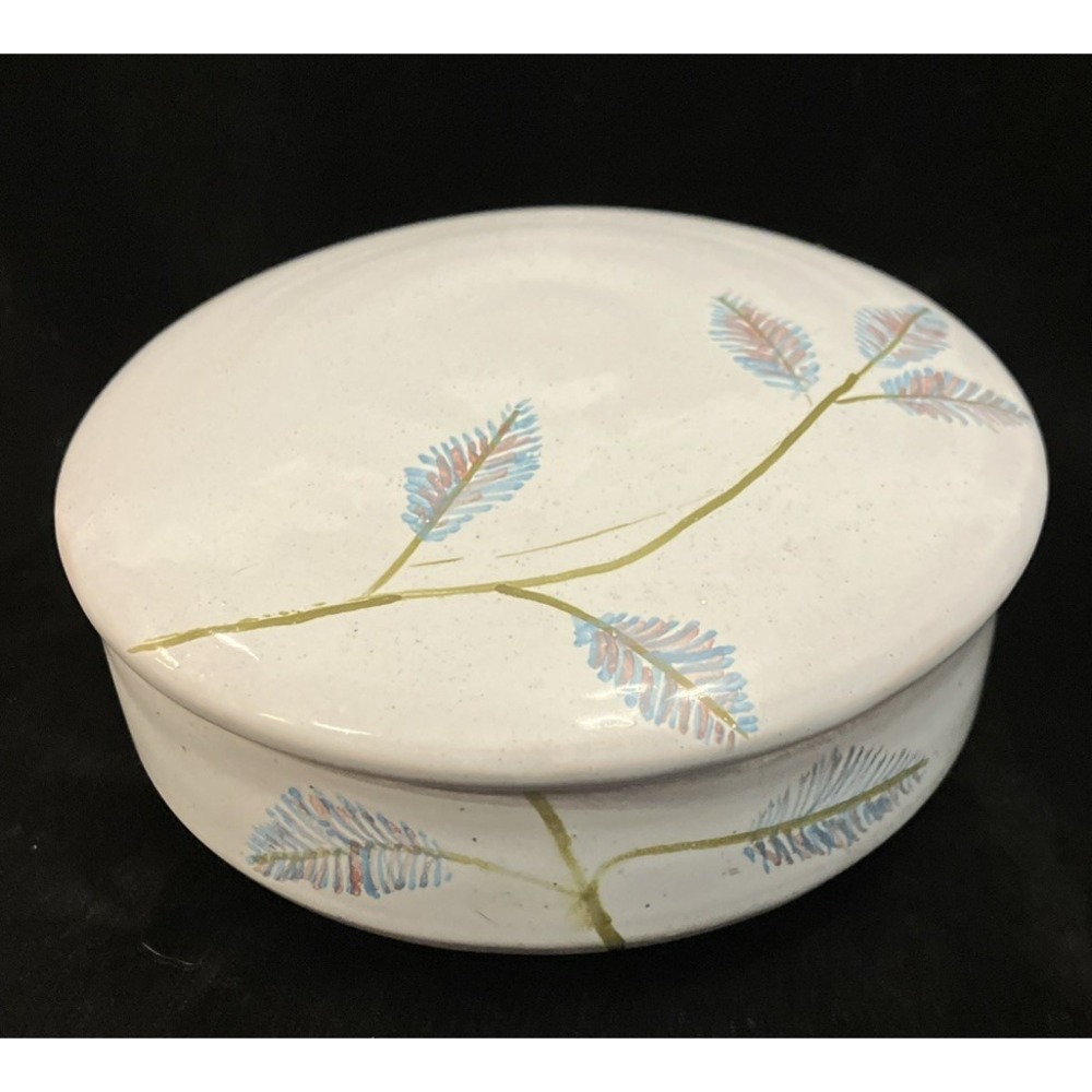Trinket Powder Dish w/Lid Art Pottery Ceramic White & Blue Fern Leaf Design